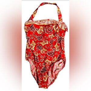 NWT Jantzen Swimsuit size 16 halter back cutout full coverage red floral